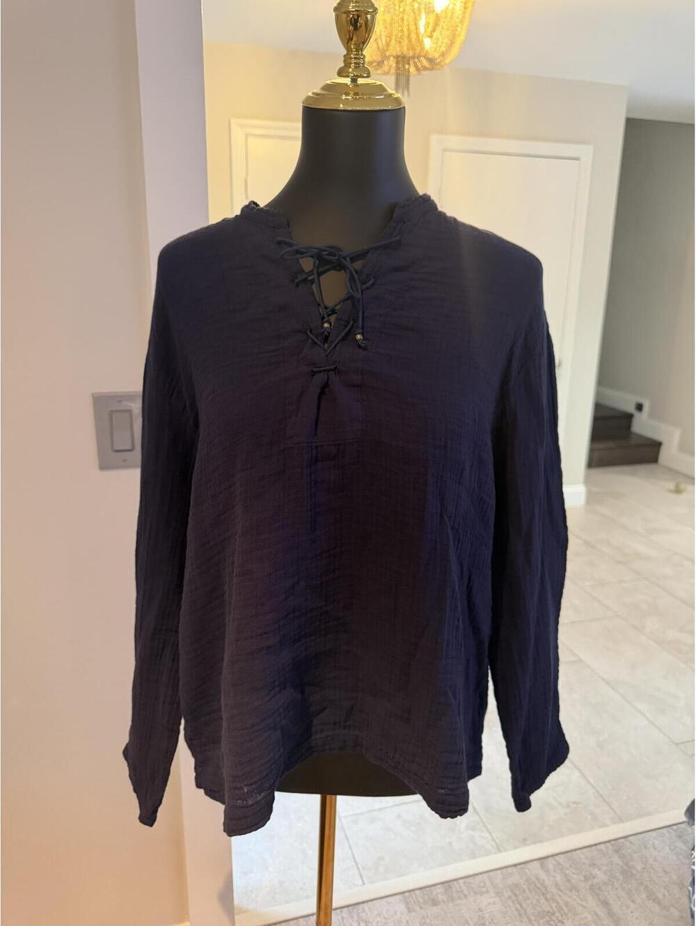 Xirena Navy Long Sleeve Cotton Gauze Lace up Neck top shirt S